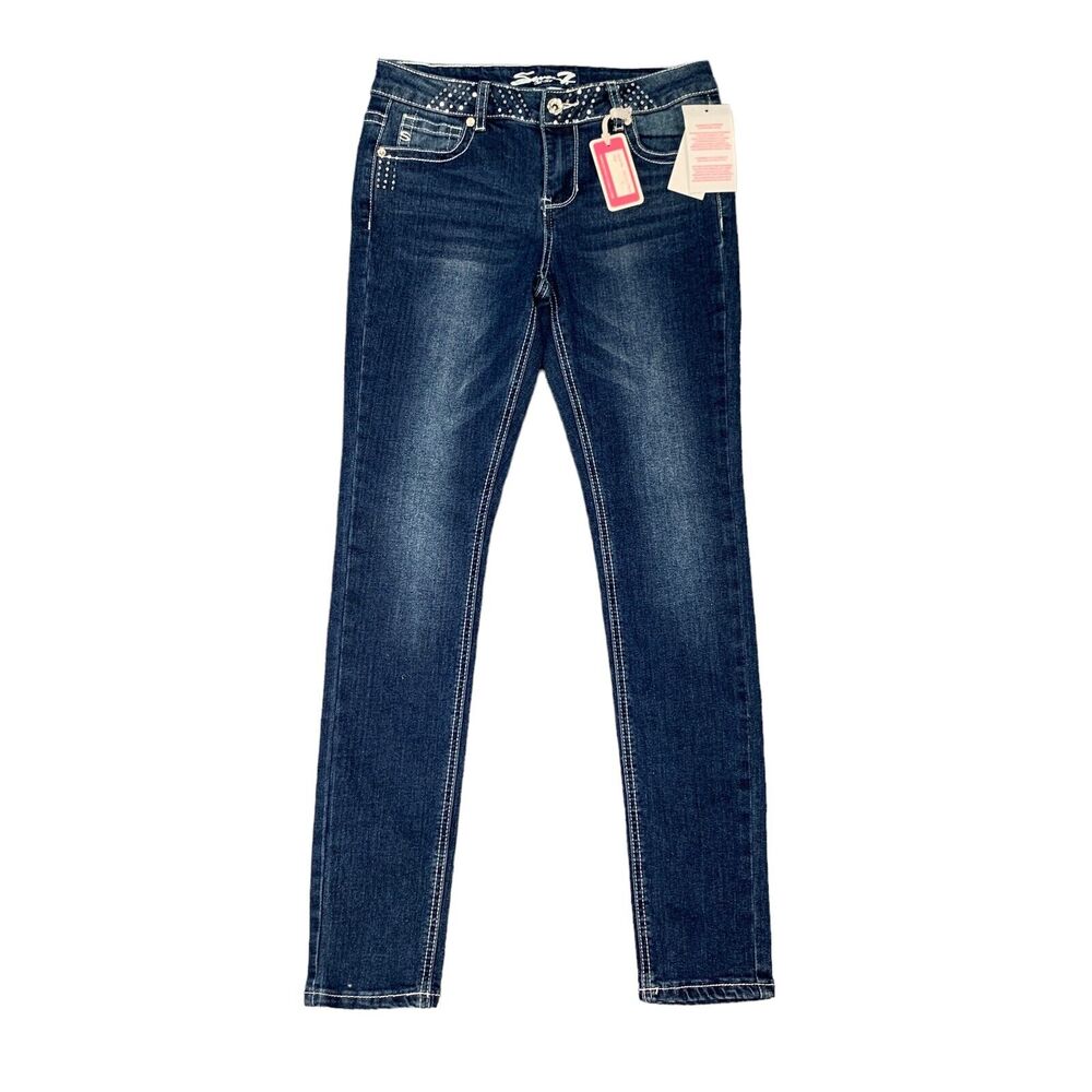 Seven7 Skinny Jeans Girls 14 Blue Denim Stretch Cotton Blend Sequin Waistband